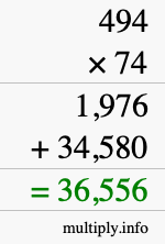 How to calculate 494 times 74 using long multiplication