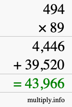 How to calculate 494 times 89 using long multiplication