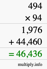 How to calculate 494 times 94 using long multiplication