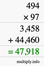 How to calculate 494 times 97 using long multiplication