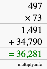 How to calculate 497 times 73 using long multiplication