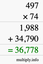 How to calculate 497 times 74 using long multiplication