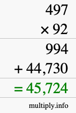 How to calculate 497 times 92 using long multiplication