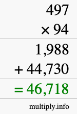 How to calculate 497 times 94 using long multiplication