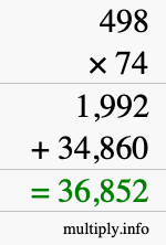 How to calculate 498 times 74 using long multiplication