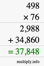 How to calculate 498 times 76 using long multiplication