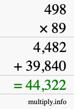 How to calculate 498 times 89 using long multiplication