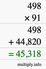 How to calculate 498 times 91 using long multiplication