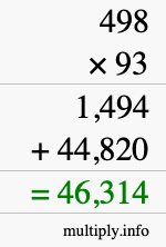 How to calculate 498 times 93 using long multiplication