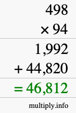 How to calculate 498 times 94 using long multiplication