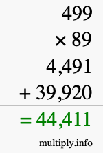 How to calculate 499 times 89 using long multiplication