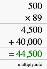 How to calculate 500 times 89 using long multiplication