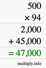 How to calculate 500 times 94 using long multiplication