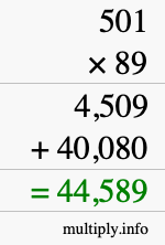 How to calculate 501 times 89 using long multiplication