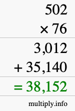 How to calculate 502 times 76 using long multiplication