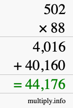 How to calculate 502 times 88 using long multiplication