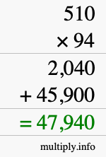 How to calculate 510 times 94 using long multiplication
