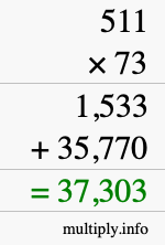 How to calculate 511 times 73 using long multiplication