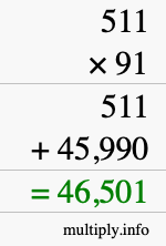 How to calculate 511 times 91 using long multiplication