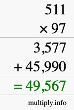 How to calculate 511 times 97 using long multiplication