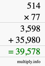 How to calculate 514 times 77 using long multiplication