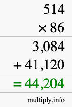 How to calculate 514 times 86 using long multiplication