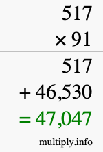 How to calculate 517 times 91 using long multiplication