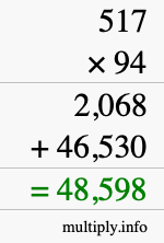 How to calculate 517 times 94 using long multiplication