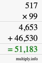 How to calculate 517 times 99 using long multiplication