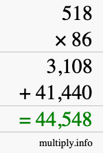 How to calculate 518 times 86 using long multiplication