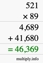 How to calculate 521 times 89 using long multiplication