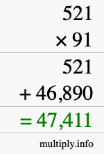 How to calculate 521 times 91 using long multiplication