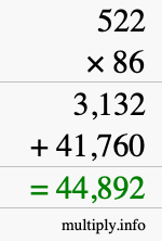How to calculate 522 times 86 using long multiplication