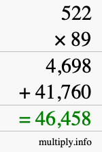 How to calculate 522 times 89 using long multiplication