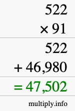 How to calculate 522 times 91 using long multiplication