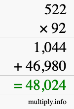 How to calculate 522 times 92 using long multiplication