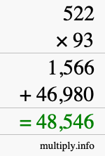 How to calculate 522 times 93 using long multiplication