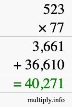 How to calculate 523 times 77 using long multiplication