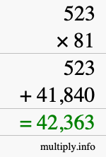 How to calculate 523 times 81 using long multiplication