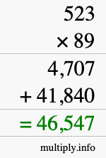 How to calculate 523 times 89 using long multiplication