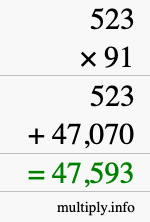 How to calculate 523 times 91 using long multiplication