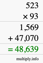 How to calculate 523 times 93 using long multiplication