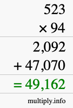 How to calculate 523 times 94 using long multiplication
