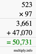 How to calculate 523 times 97 using long multiplication