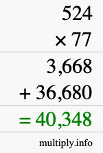 How to calculate 524 times 77 using long multiplication