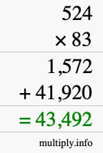 How to calculate 524 times 83 using long multiplication