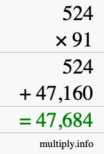 How to calculate 524 times 91 using long multiplication