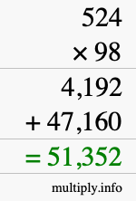 How to calculate 524 times 98 using long multiplication