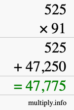 How to calculate 525 times 91 using long multiplication
