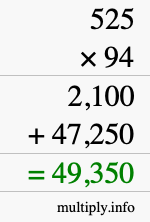 How to calculate 525 times 94 using long multiplication